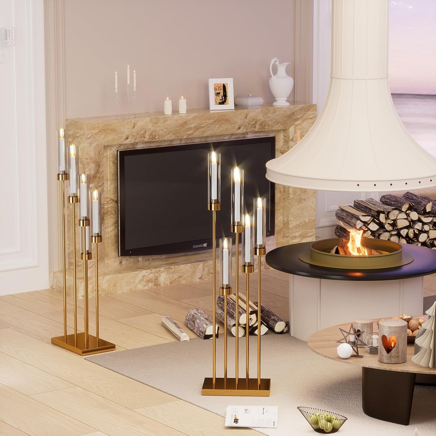 42.5'' Floor Candelabra 5 Arm Candelabra Centerpieces for Tables Gold Candle Sticks Holder 4 Set Tall Metal Candlestick with Acrylic Lampshades for Home Christmas Party (Square)