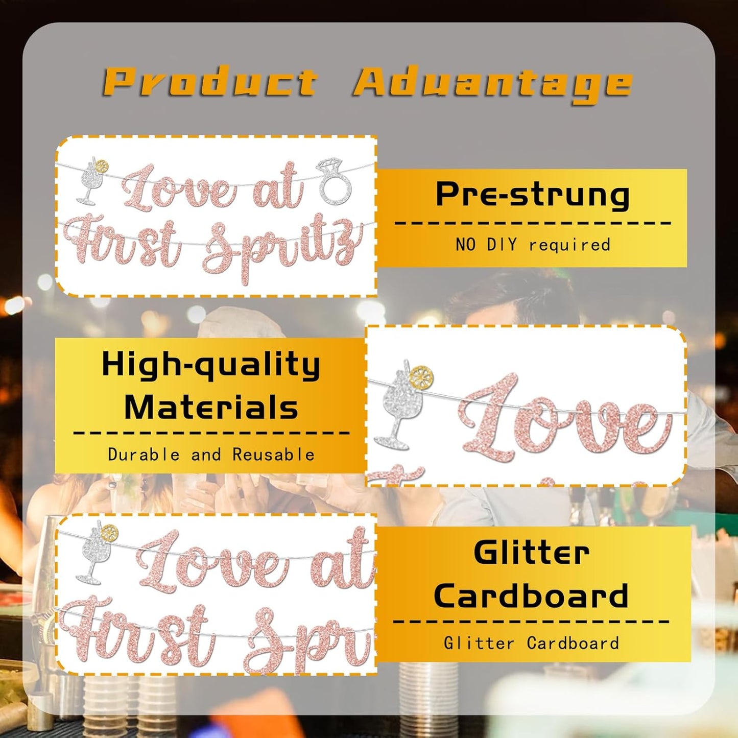 Love At First Spritz Wedding Banner - Bridal Shower Decorations, No Diy, Glitter Just Engaged Spritz Party Banners for Wedding/Engagement/Bachelorette Party Decorations Supplies, Rose Gold.