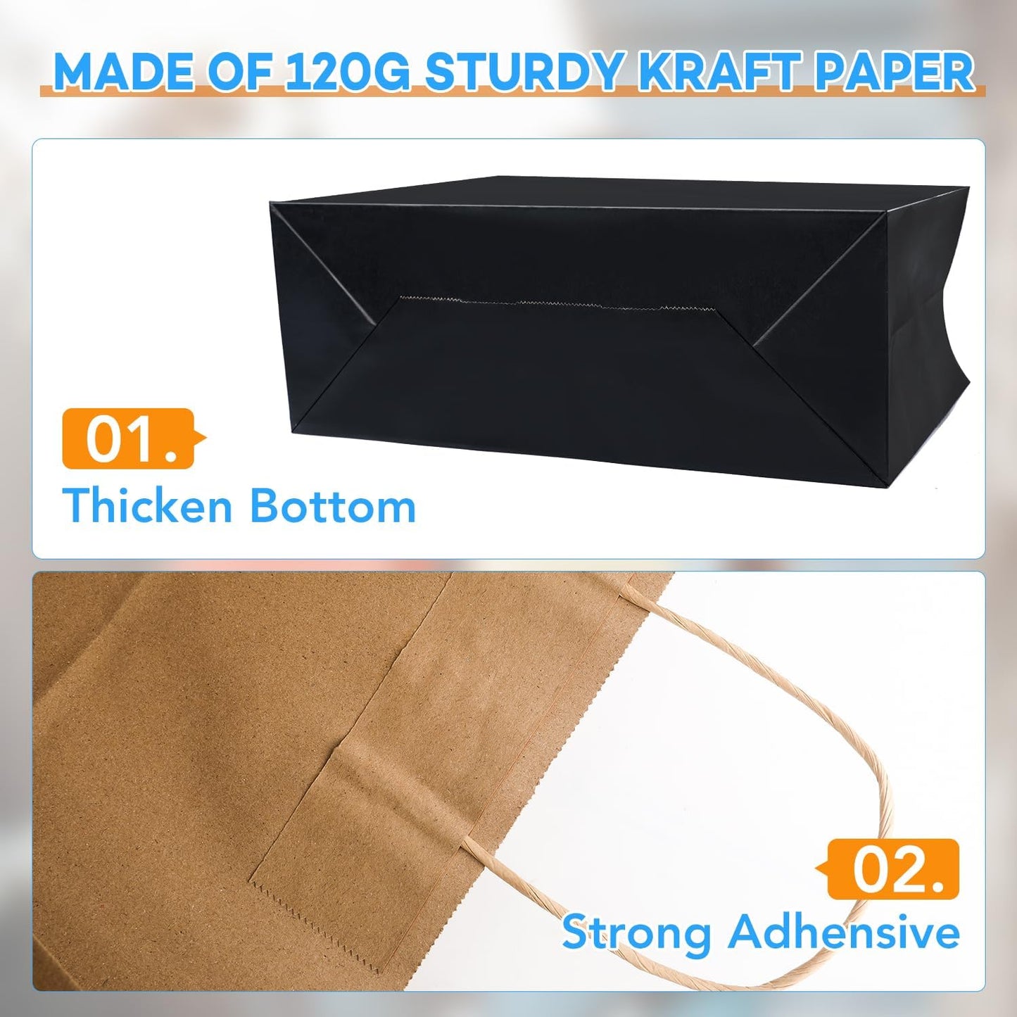 BURVAGY 16x6x12 Inch 100 Pcs Kraft Paper Bags with Handles Bulk, Kraft Shopping Black Large Recycled Gift Paper Bags with Handles for Small Business, Retail,Boutique,Grocery