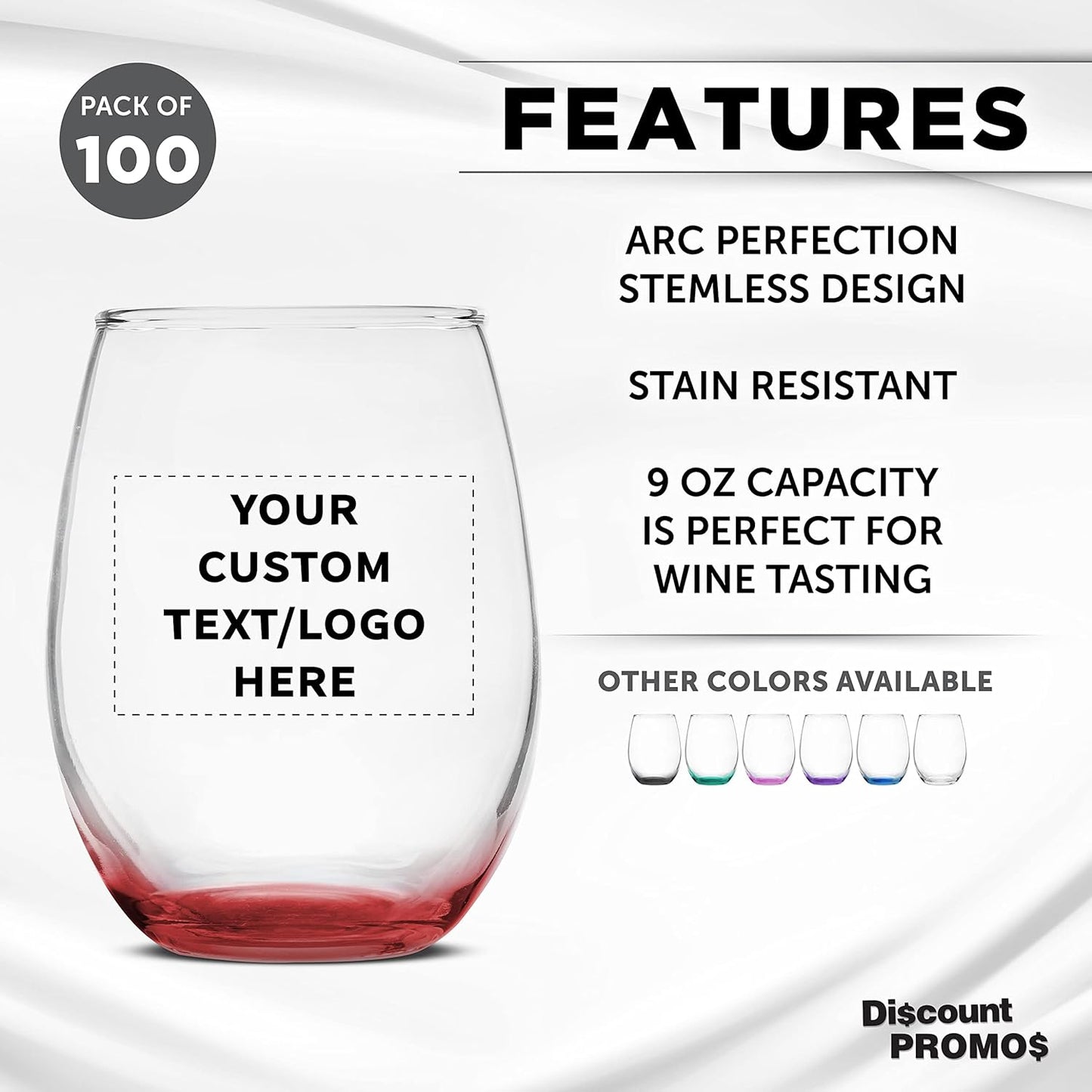 Custom Stemless Wine Glass 9 oz. Set of 100, Personalized Bulk Pack - Great for Wedding Favors, Bachelorette Party Decorations, Party Favors, Color Bottom - Red