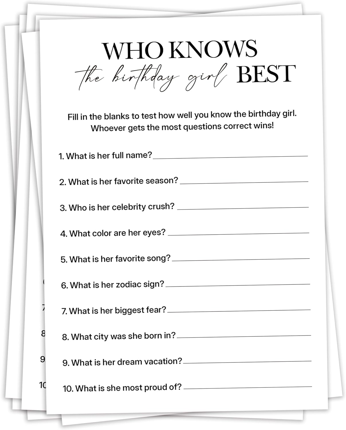 Birthday Party Games, Who Knows Her Best, 25 Pcs Card Set for Guests, Fun Birthday Game for Teen Adults – A05