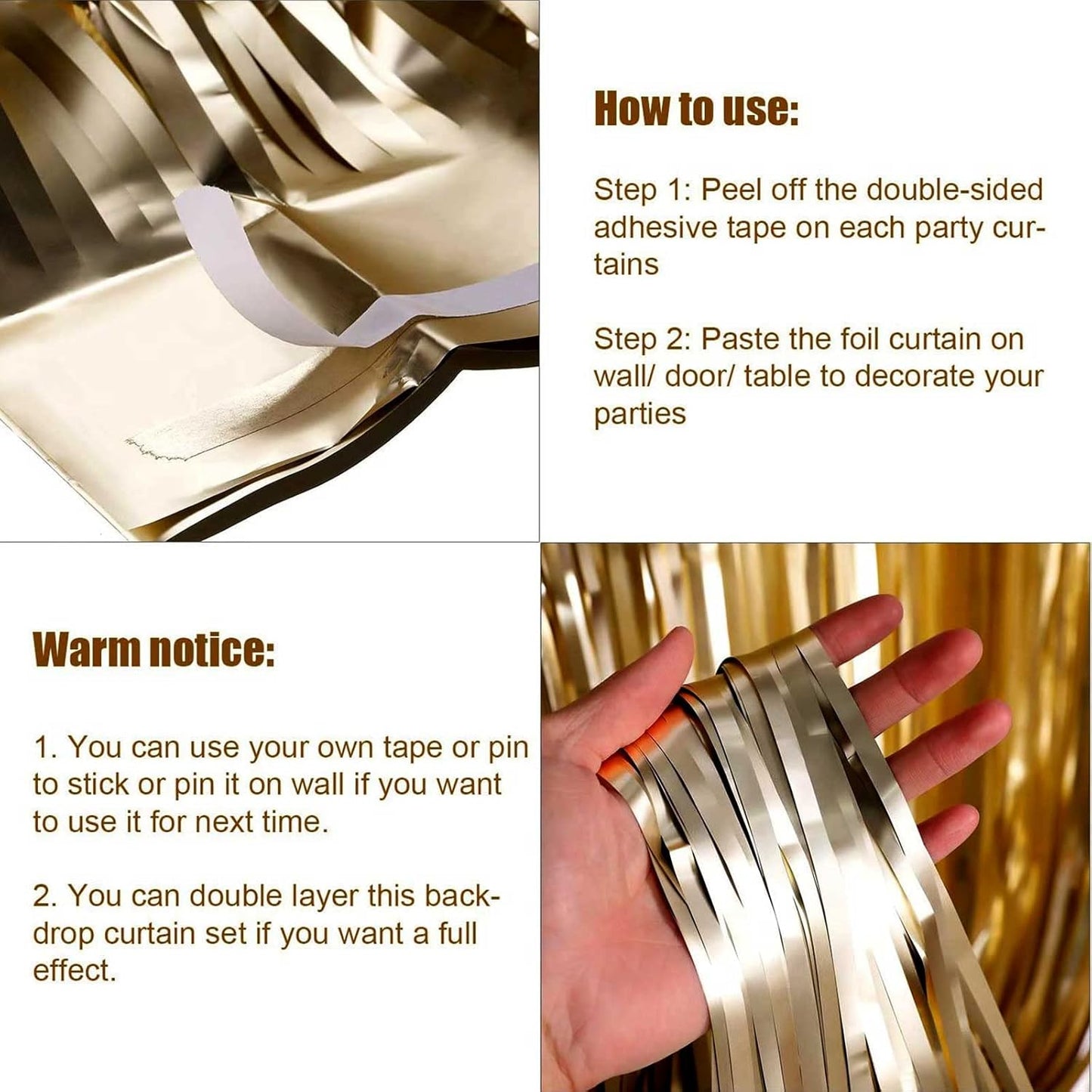 4 Pack Champagne Gold Foil Fringe Curtain Backdrop, 3.3Ft x 9.8Ft Metallic Tinsel Foil Streamers Curtains for Photo Booth, Wedding, Thanksgiving, Birthday, Christmas, Halloween Party Decoration