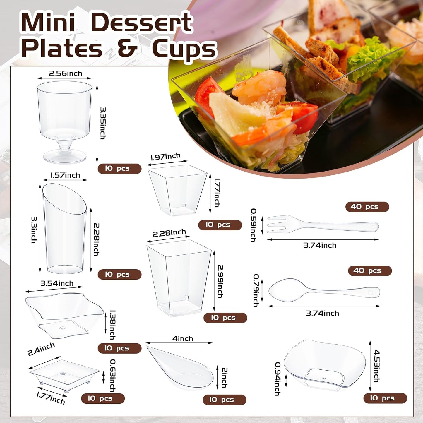 Tessco for you 160 Pcs Mini Appetizer Plates Dessert Cups Spoons Forks Set Dessert Containers Assorted Shape Plastic Parfait Cups Disposable Spoon Forks for Party Serving (Clear)