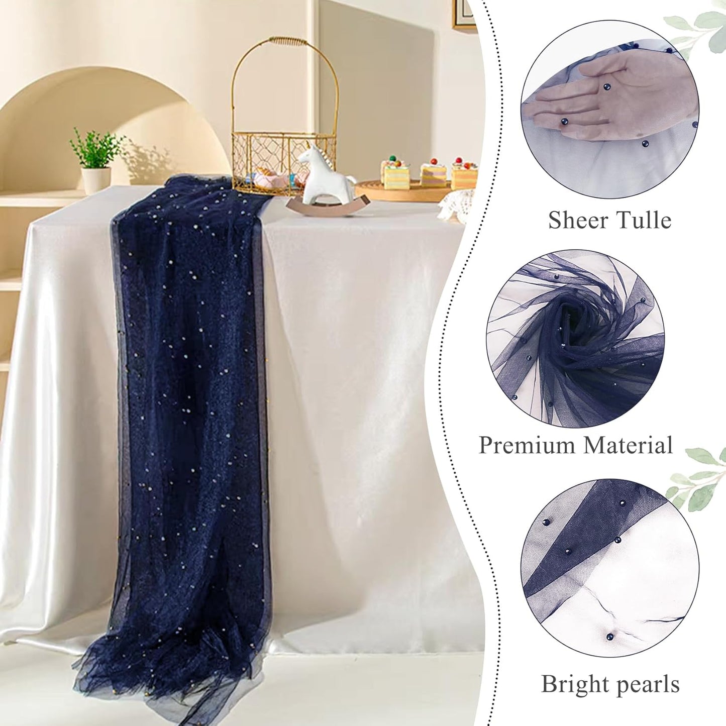 Pearl Table Runner 29 x 120 Inch Tulle Fabric Lace Table Runners Boho Rustic Tablecloth for Bridal Shower Birthday Party Wedding Arch Aisle Veil Dessert Table Decor(1 Pack, Navy Blue)