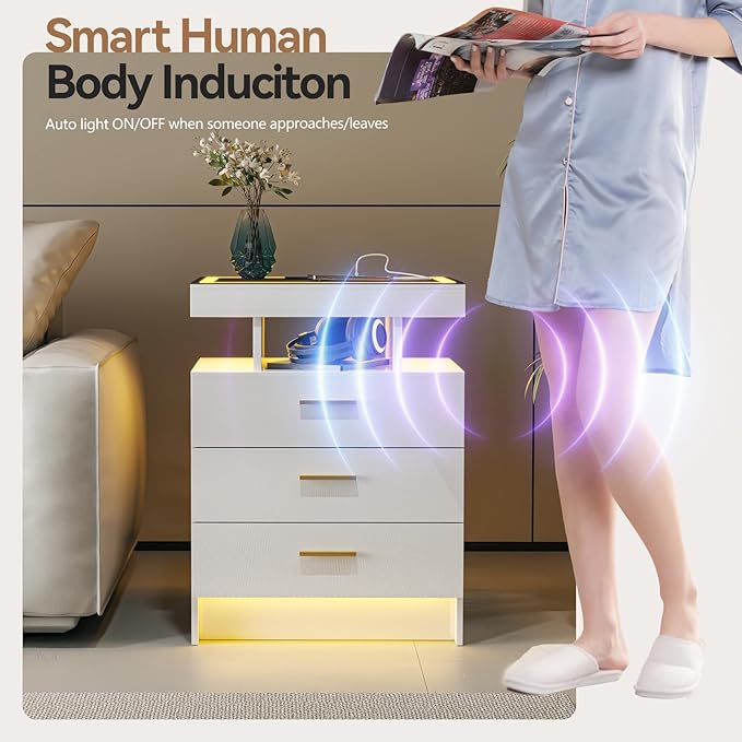 White Night Stand with Wireless Charging Station, Smart Bedside Table with 3 - Image 4