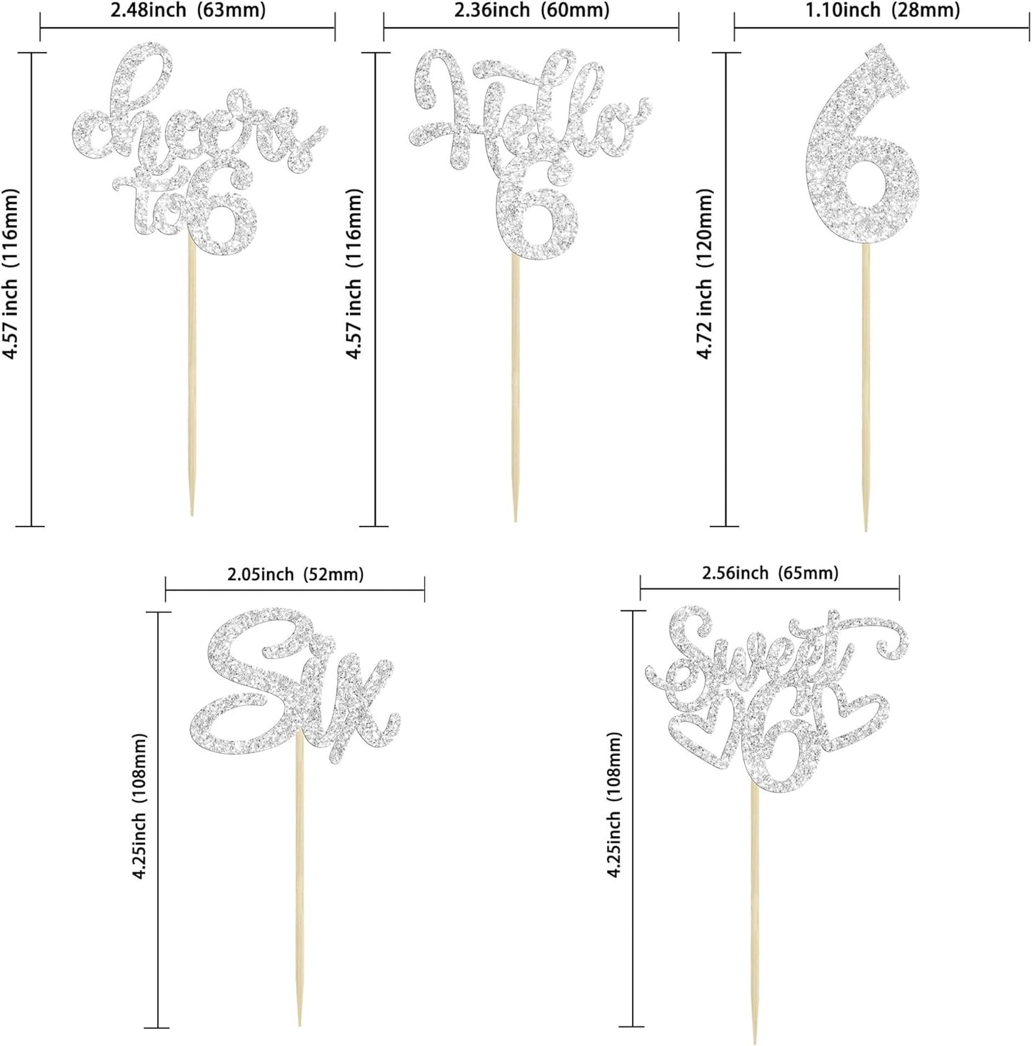 30Pcs 6th Birthday Cupcake Toppers Glitter Six Hello 6 Cupcake Picks Cheers to 6 Years Old Cake Decorations for 6th Birthday Party Supplies Silver