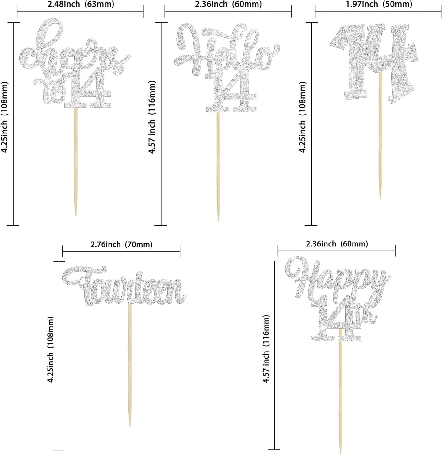 30Pcs 14th Birthday Cupcake Toppers Hello 14 Cupcake Picks Fourteen Cheers to 14 Years Old Cake Decorations for 14th Birthday Anniversary Party Supplies Silver Glitter