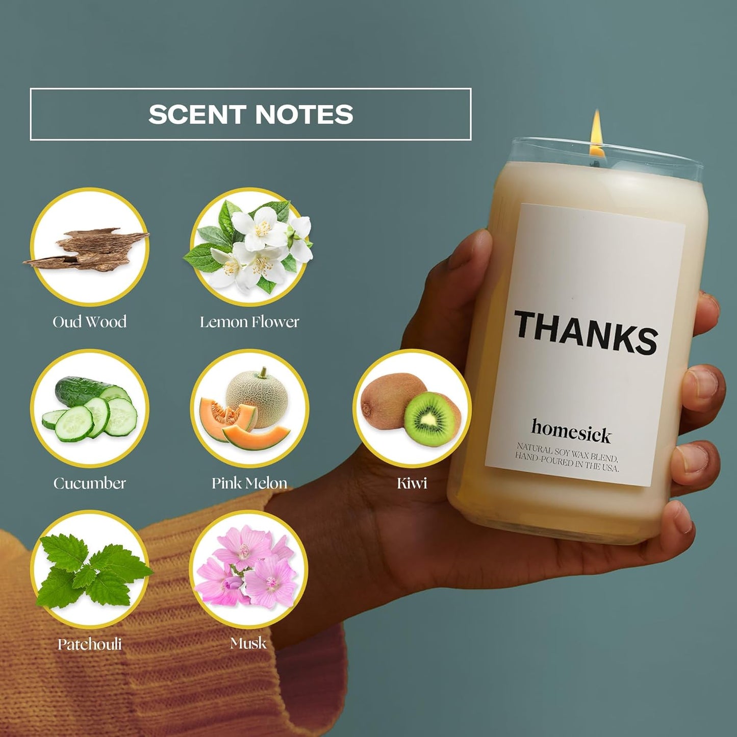 Homesick Scented Candles for Home (Thanks) - 13.75 oz Long-Lasting Soy Wax Blend Jar Candle Gifts for Women for All Occasions, 60-80 Hours Burn Time - Notes of Cucumber, Lemon & Patchouli