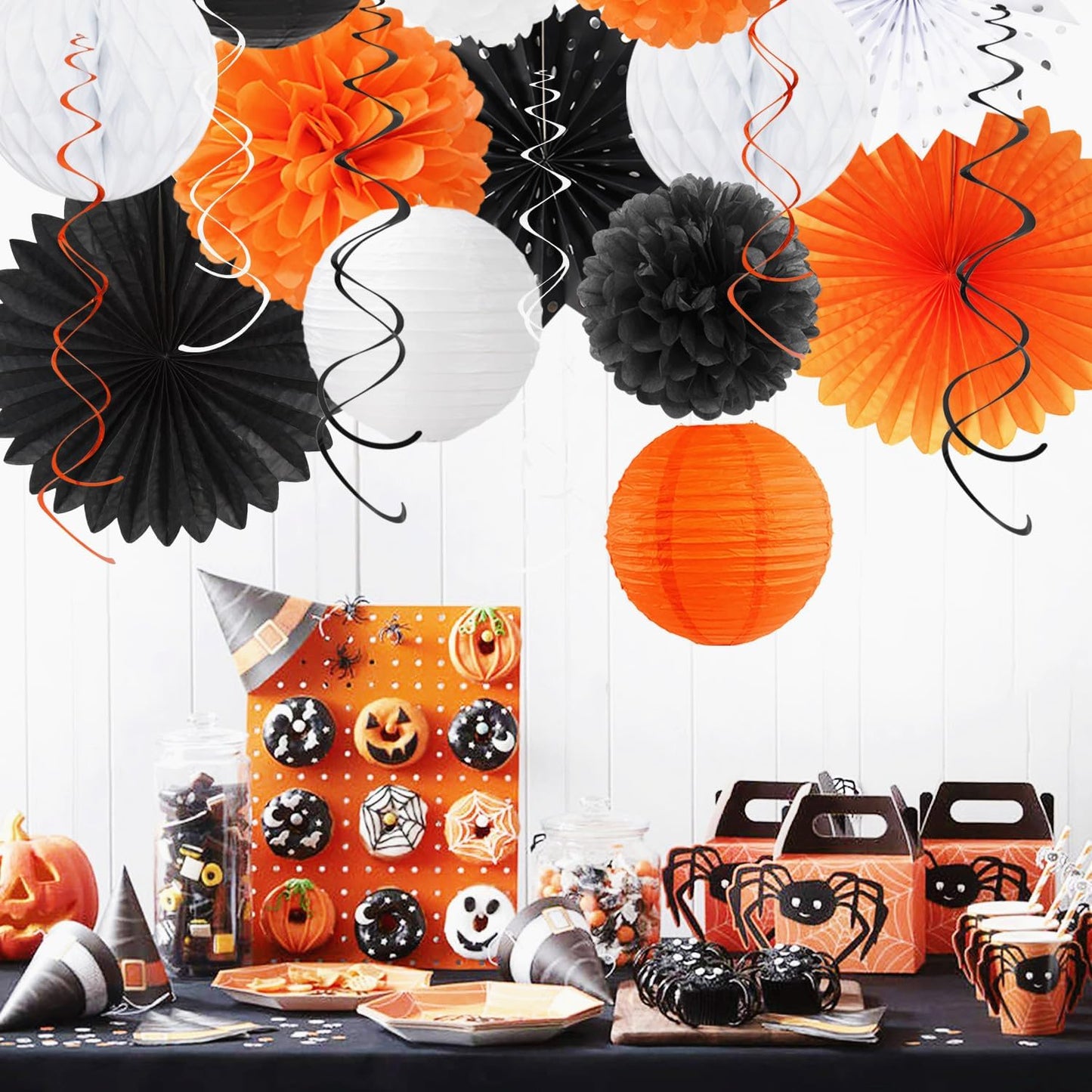 Black-White Orange Happy-Halloween Party-Decorations - 21pcs Birthday Banner,Paper Lanterns Honeycomb,Tissue Pom Poms Flower Fan,Kids Classroom Hanging Streamers Garland Decor Supplies Huglony