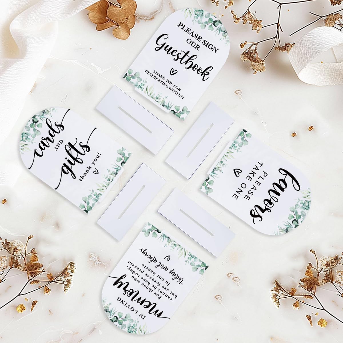 4 Pcs Acrylic Wedding Signs for Reception, Bridal Shower Decorations, Cards and Gifts Signs, Guest Book Sign, Arch Acrylic Table Top Sign with Holder for Wedding Reception (White Eucalyptus Leaves)