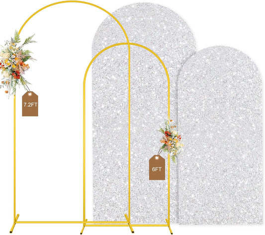 MODFUNS Metal Arch Backdrop Stand and Cover Set 6&7.2ft Silver Sequins Arch Cover Set of 2 Metal Arch Frame with Covers Balloon Arch Stands for Wedding Ceremony Banqet Party Reception