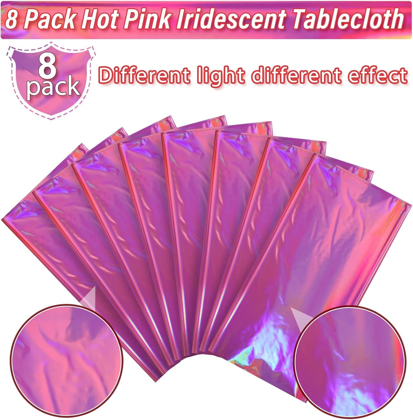 8 Pack Hot Pink Iridescence Plastic Tablecloths Shiny Disposable Laser Rectangle Table Covers Holographic Foil Tablecloth Iridescent Party Decorations Birthday Bridal Wedding Christmas, 54 x 108 Inch