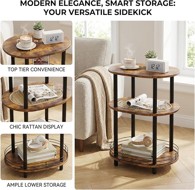 Small Rattan Side Table with Storage, 3 Tier Round/Oval End Table with Rattan - Image 6