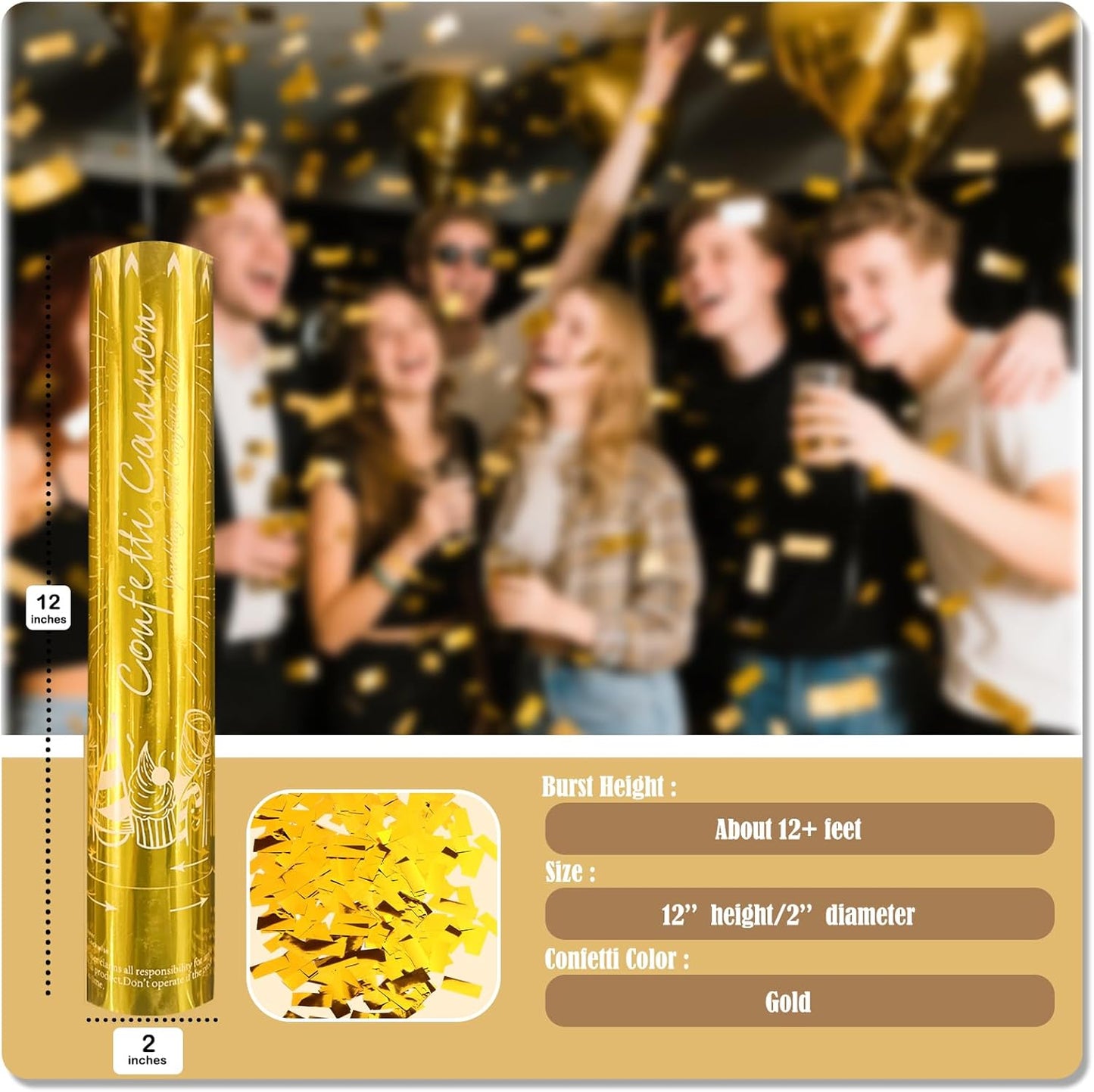 5-Pack Gold Confetti Poppers, 12-Inch Recyclable Confetti Cannons for Weddings, Birthdays, Graduations, and Festive Gatherings.