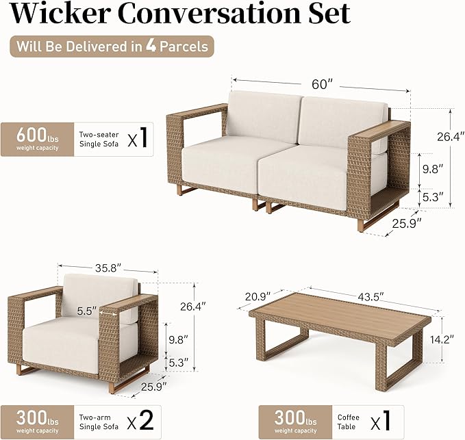 SUNSHINE VALLEY 4 Pieces Patio Furniture Set, Outdoor Rattan Wicker - Image 6