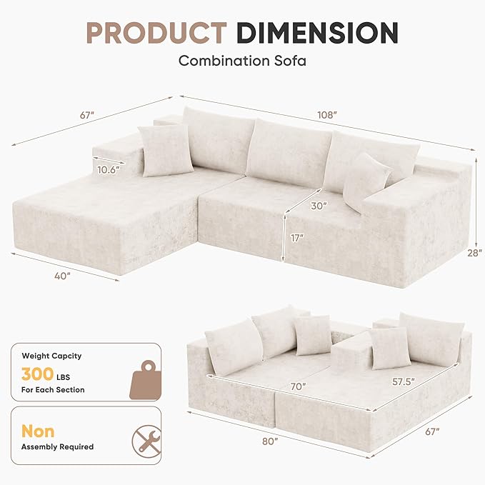Homall 108" Modular Sectional Sofa, Boneless Couch - Image 2