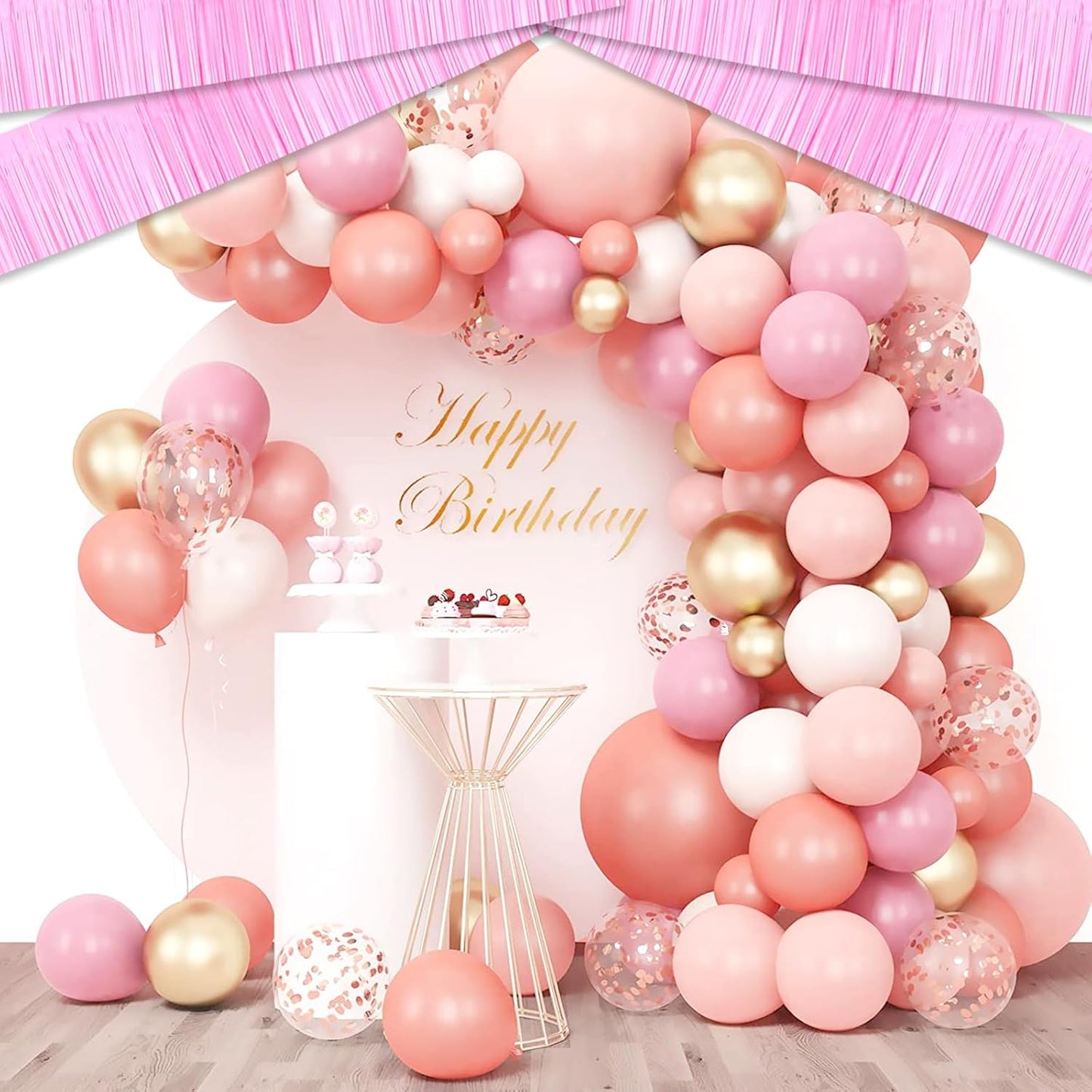 4 Pack 10 Feet Macaron Pink Foil Fringe Garland Metallic Tinsel Streamers Banner Wall Hanging Curtain Backdrop for Parade Floats, Wedding, Graduate, Mother's Day, Birthday Party Decoration