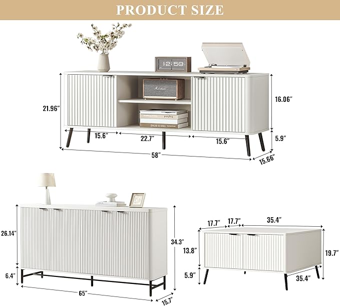 Fatmok Fluted Furniture Collection – 65" Buffet Cabinet, Mid Century Modern - Image 2
