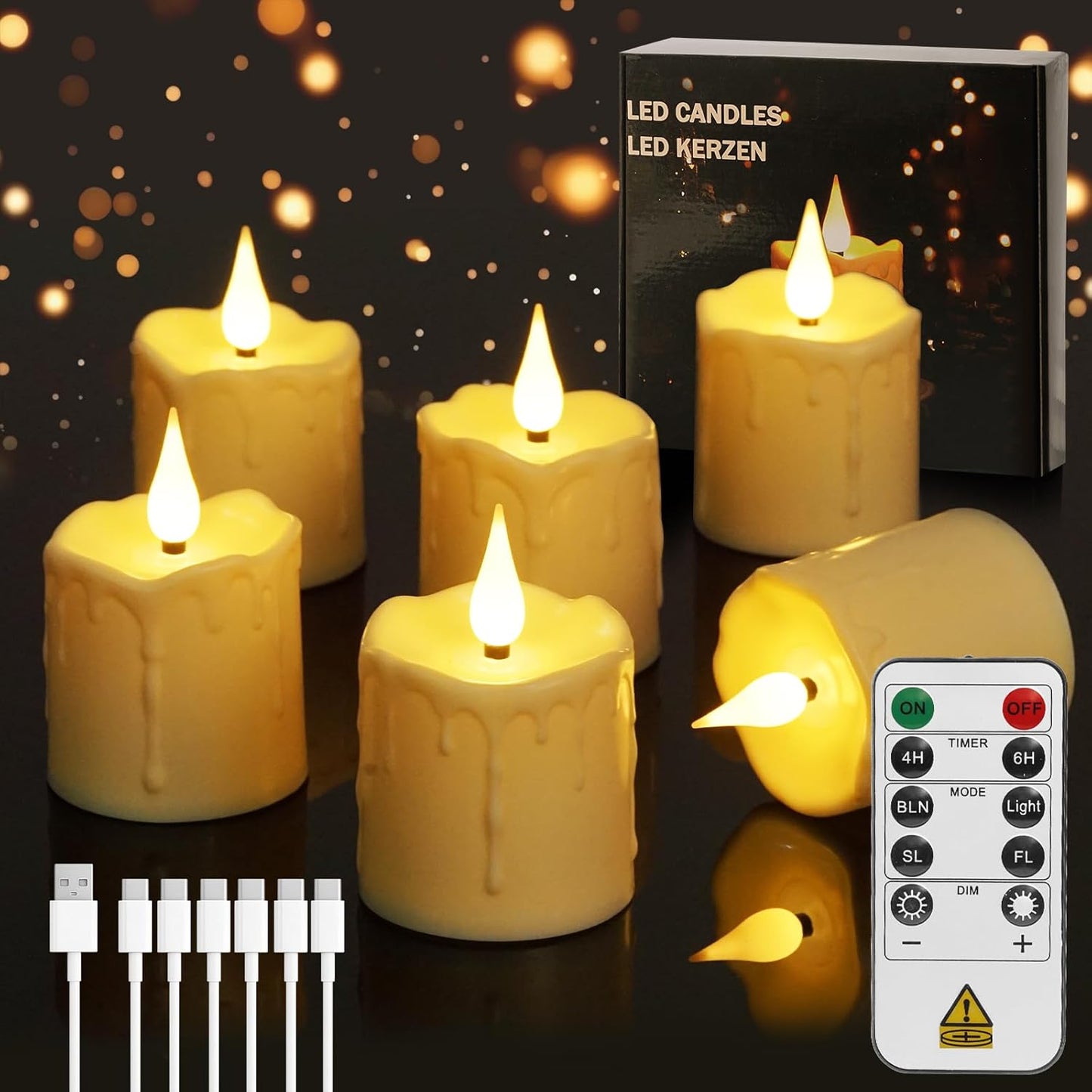 Rechargeable Tea Lights Candles with Remote, 6pcs Tea Lights Candles Battery Operated with Timer & USB Cable, Flameless Tealight Candle for Halloween, Home, Christmas Decoration