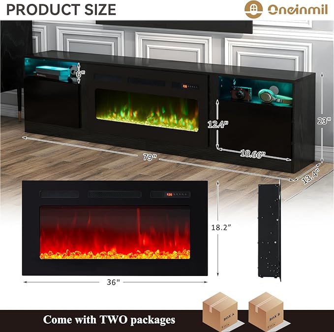 oneinmil 80” TV Stand with 36” Electric Fireplace, Large Modern Media - Image 4