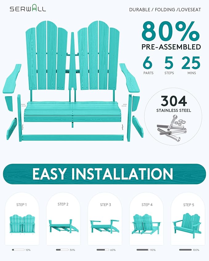 SERWALL Folding Adirondack Bench, HDPE All-Weather Adirondack Loveseat - Image 7