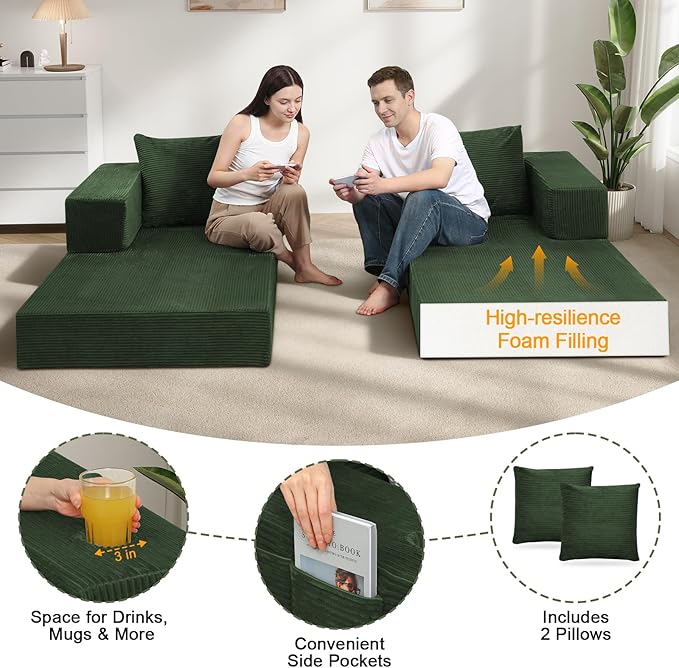 COMAX Queen Size Boneless Couch, 4 in 1 Convertible Sleeper Sofa Corduroy Couch - Image 5