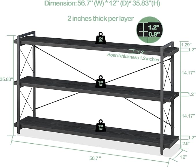 HCHQHS Bookshelf, 3-Tier Long Industrial Bookcase, Freestanding Horizontal - Image 3