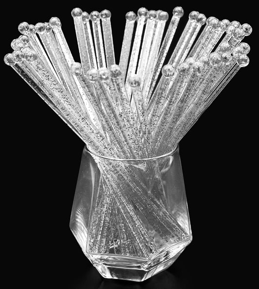 100-PCS Silver Glitter Plastic Swizzle Sticks, Crystal Cake Pops, Cocktail Coffee Drink Stirrers, Stir Sticks, 7.24 Inch
