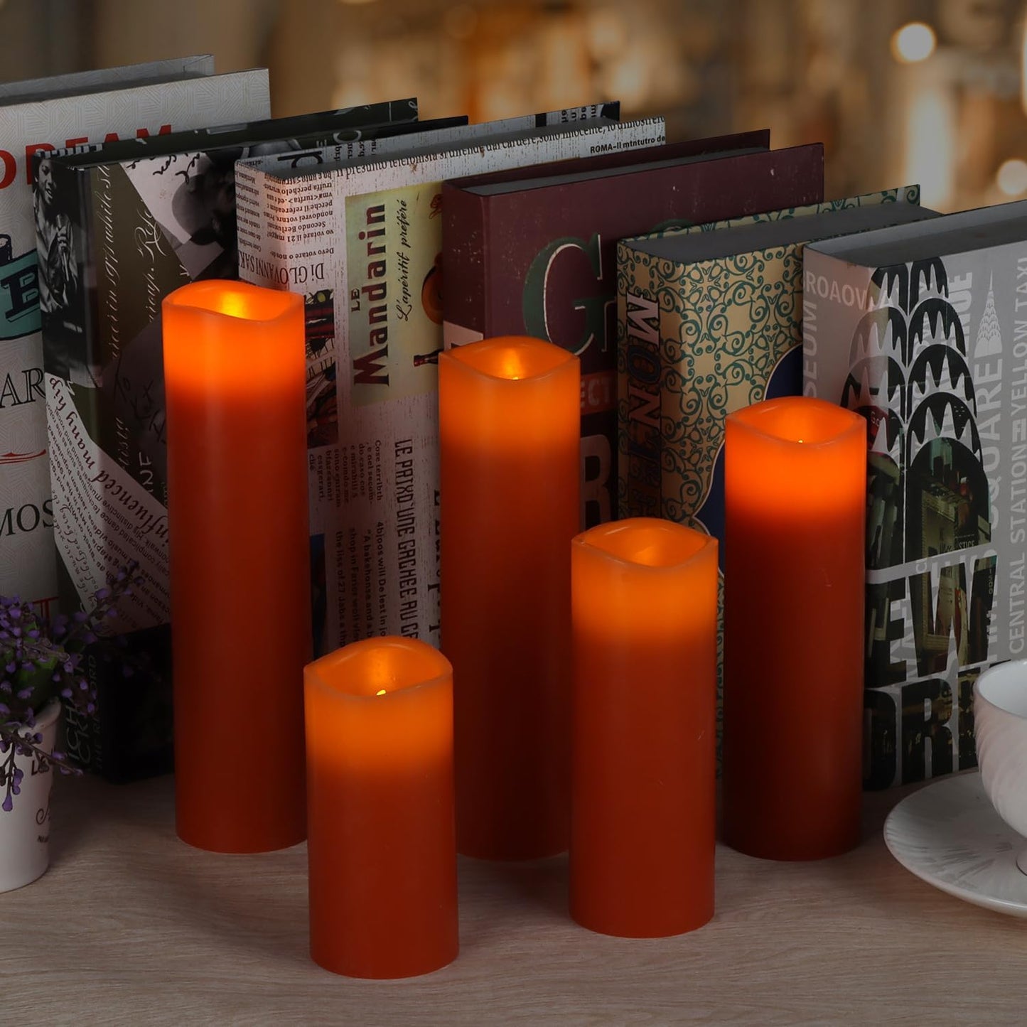 Vinkor Flameless Candles Battery Operated Candles Real Wax Pillar LED Candles with 10-Key Remote and Cycling 24 Hours Timer (Orange Set of 9)