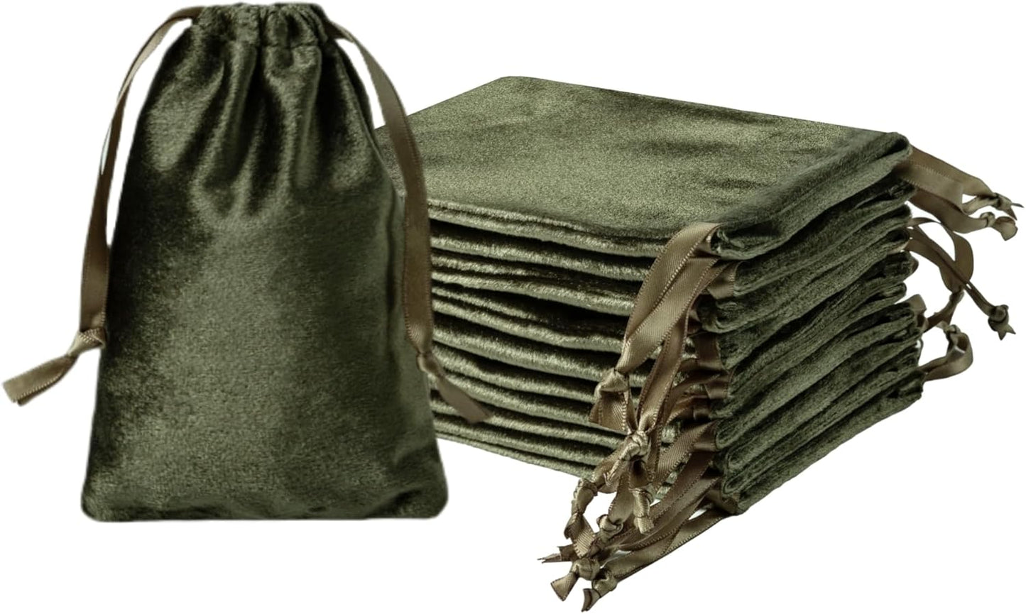 QIANF 12pcs Moss Green Velvet Drawstring Bags 4x6 inches Glossy Small Velvet Cloth Gift Bags Jewelry Pouches for Jewelry Storage Wedding Party Favor Christmas