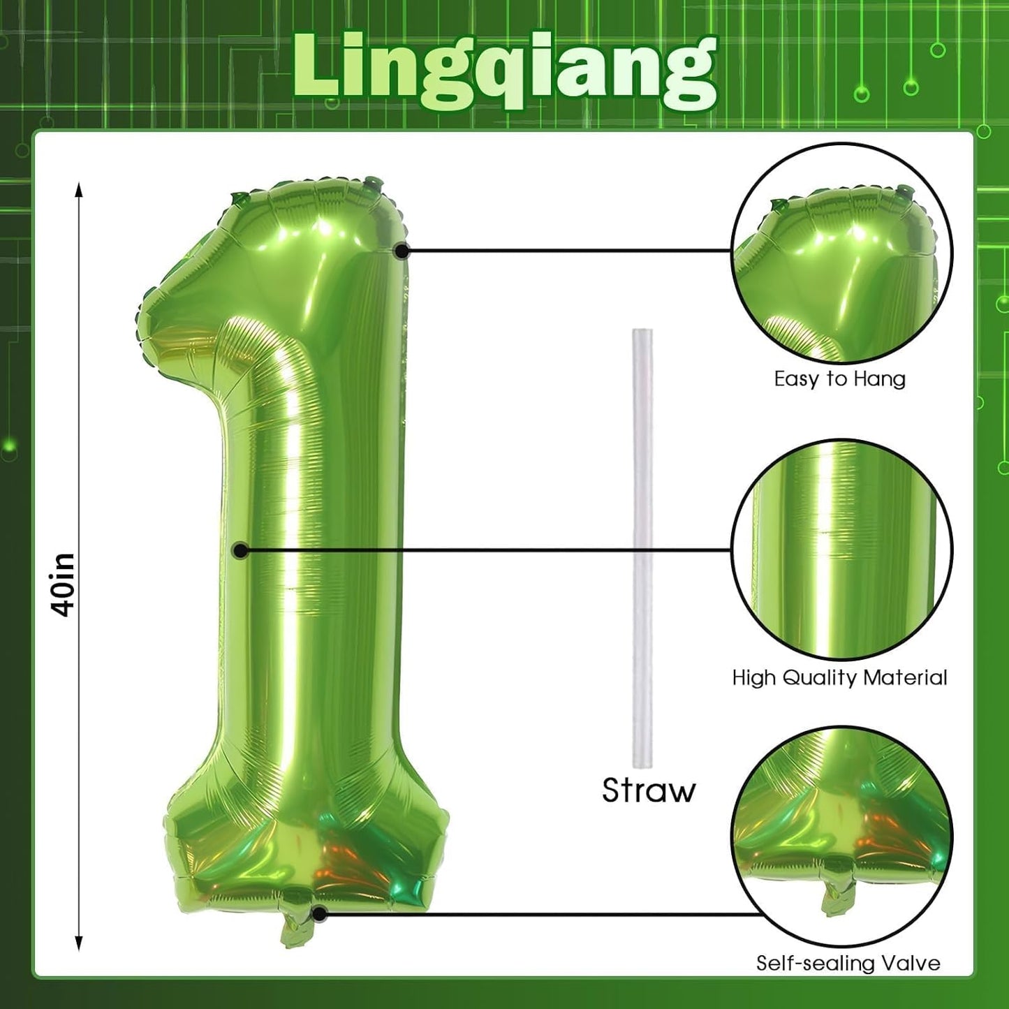 40 Inch Green Number 1 Balloon for 1st Birthday Decoration, Large Self Inflate Foil Number Balloons 0-9 for Boys Girls, Digit 1 Helium Balloons for Women Men Jungle Safari Party Anniversary Supplies