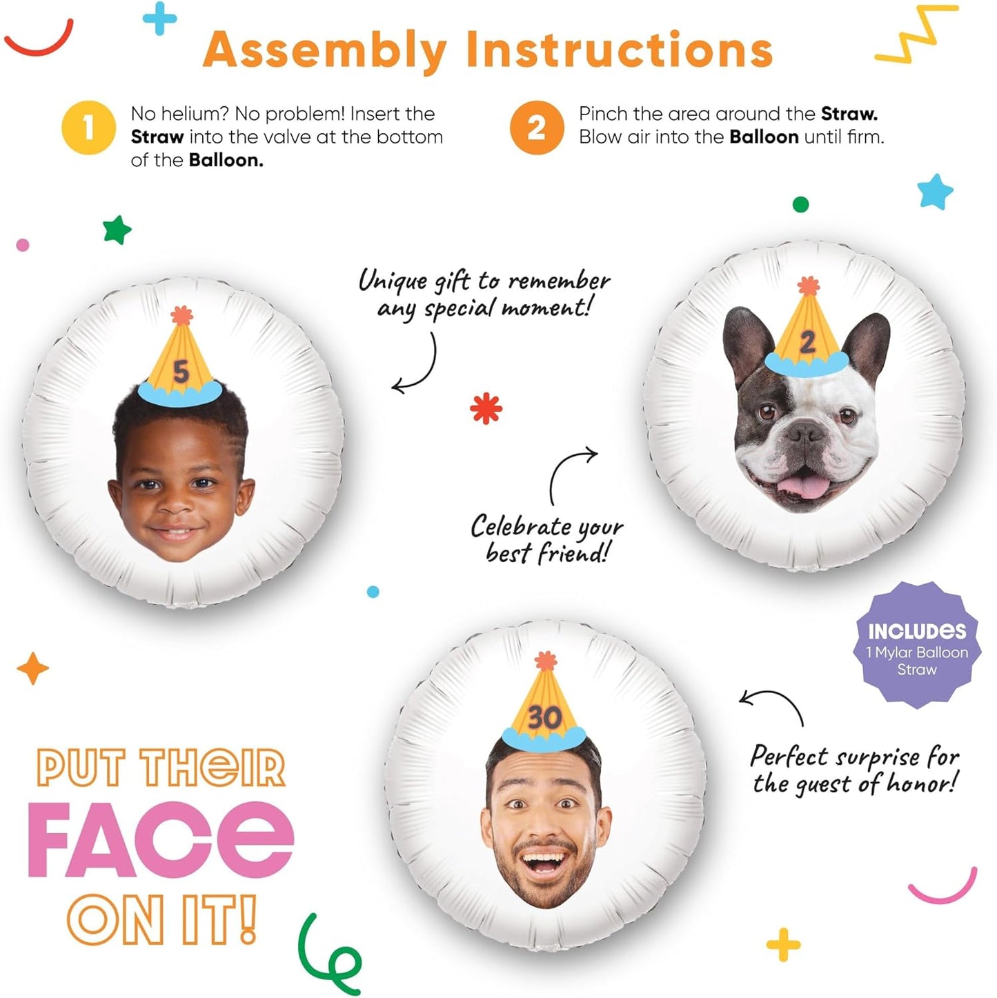 Big Dot of Happiness Personalized Party Time Happy Birthday Colorful Cone Hat Fun Face Photo Balloon, Adult & Kids Bday Party Decorations, Custom Double-Sided Circle Mylar, 1 Piece