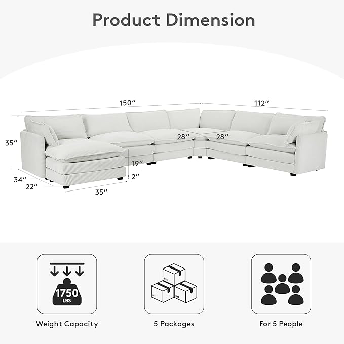 ROWHY 150'' Modular Sectional Corner Cloud Couch, 7 Seater Sofa Big Comfy - Image 2
