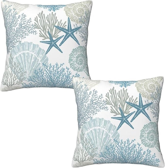 Nautical Coastal Beach Pillow Covers 18x18 Set of 2, Ocean Themed Seashell by Tebjh