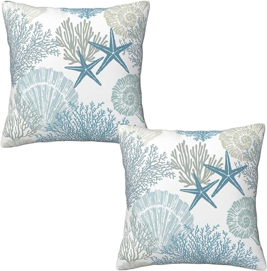 Nautical Coastal Beach Pillow Covers 16x16 Set of 2, Ocean Themed Seashell by Tebjh