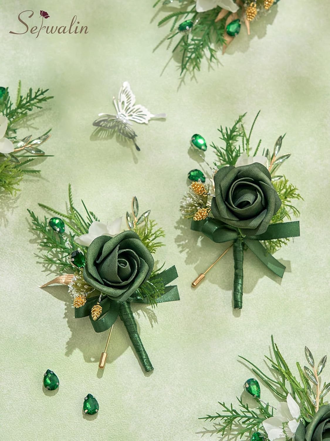 Serwalin 10Pcs Boutonniere for Men, Green Groom and Best Man Boutonniere, Artificial Flowers for Wedding Decor Prom Homecoming Ceremony Anniversary Formal Dinner Party