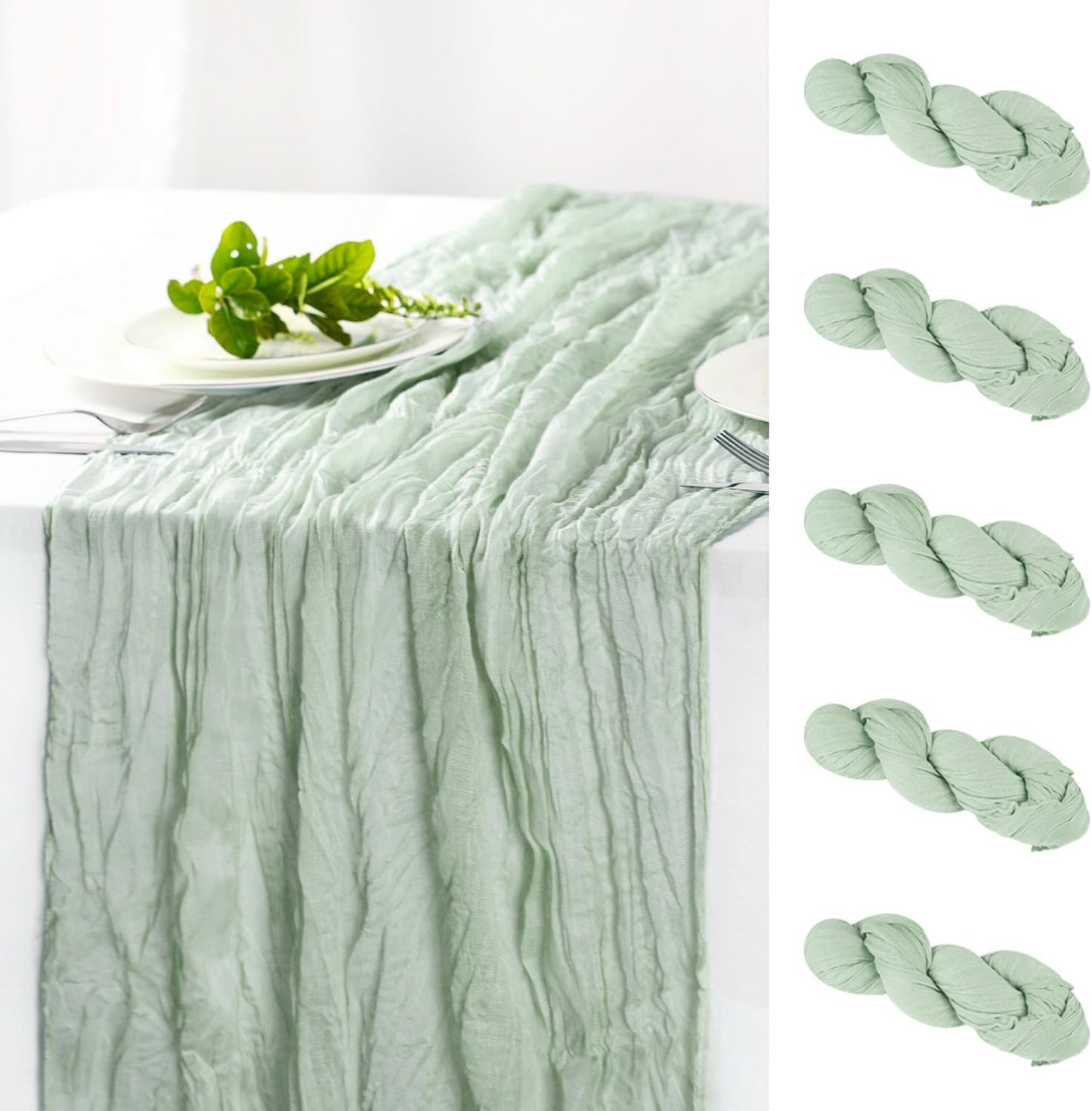 Hahuho Sage Green Cheesecloth Table Runner 10ft, Gauze Boho Rustic Table Runners for Wedding Birthday Party Baby Shower Decorations（6 Pack , 35x120 Inches）