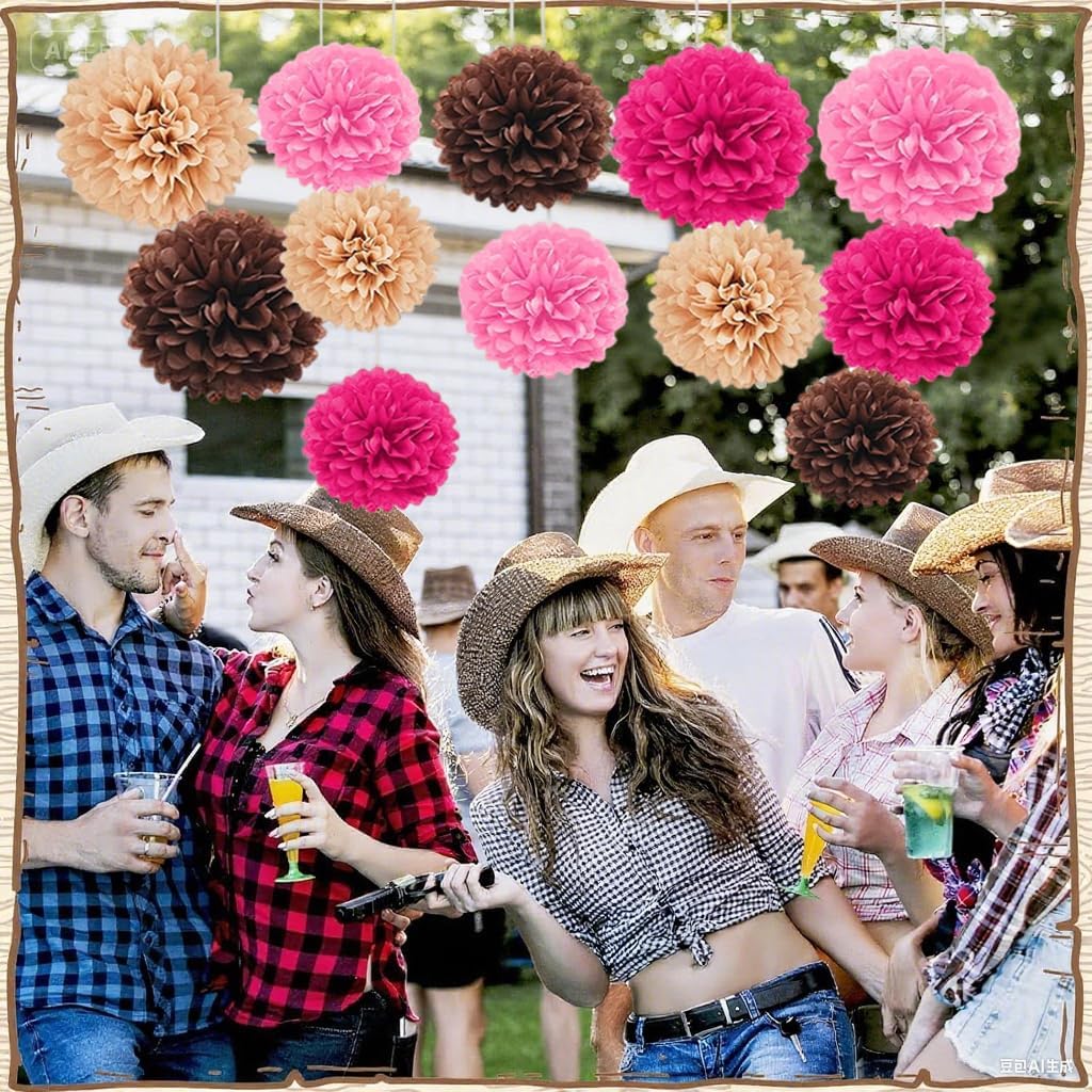 Capesaro Pink and Brown 12PCS Paper Pom Poms Party Decorations for Western Cowgirl Birthday Retro Rodeo Party, Hanging Tissue Paper Flowers for Engagement,Wedding,Baby Shower