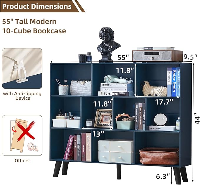 LEYAOYAO 10 Cube Bookshelf, 3 Tier Vintage 55" Wide Bookcase - Image 2