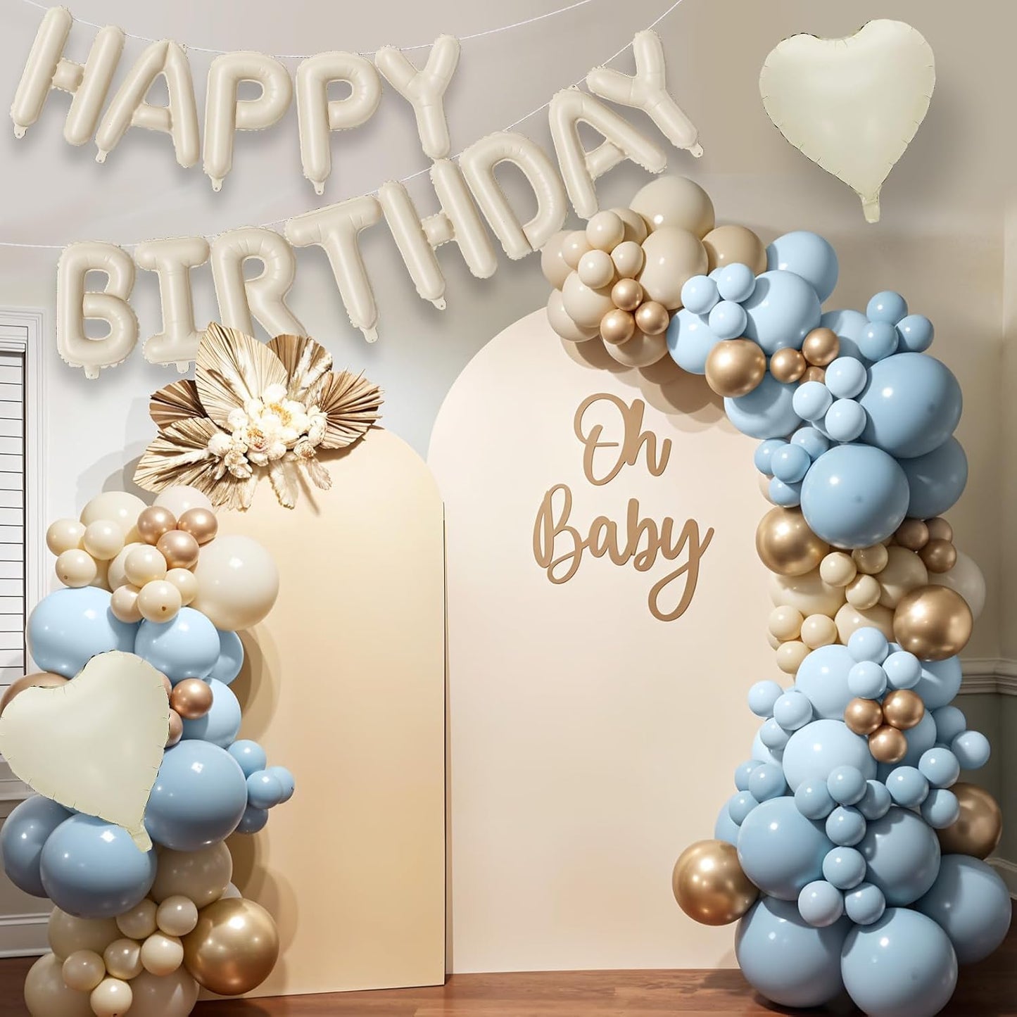 Happy Birthday Balloon Banner Cream Blue, 16 Inch Beige Mylar Letters Heart Foil Dusty Slate Blue White Sand Metallic Champagne Gold Balloons Boho Neutral Birthday Decorations for Girls Women Boy Men