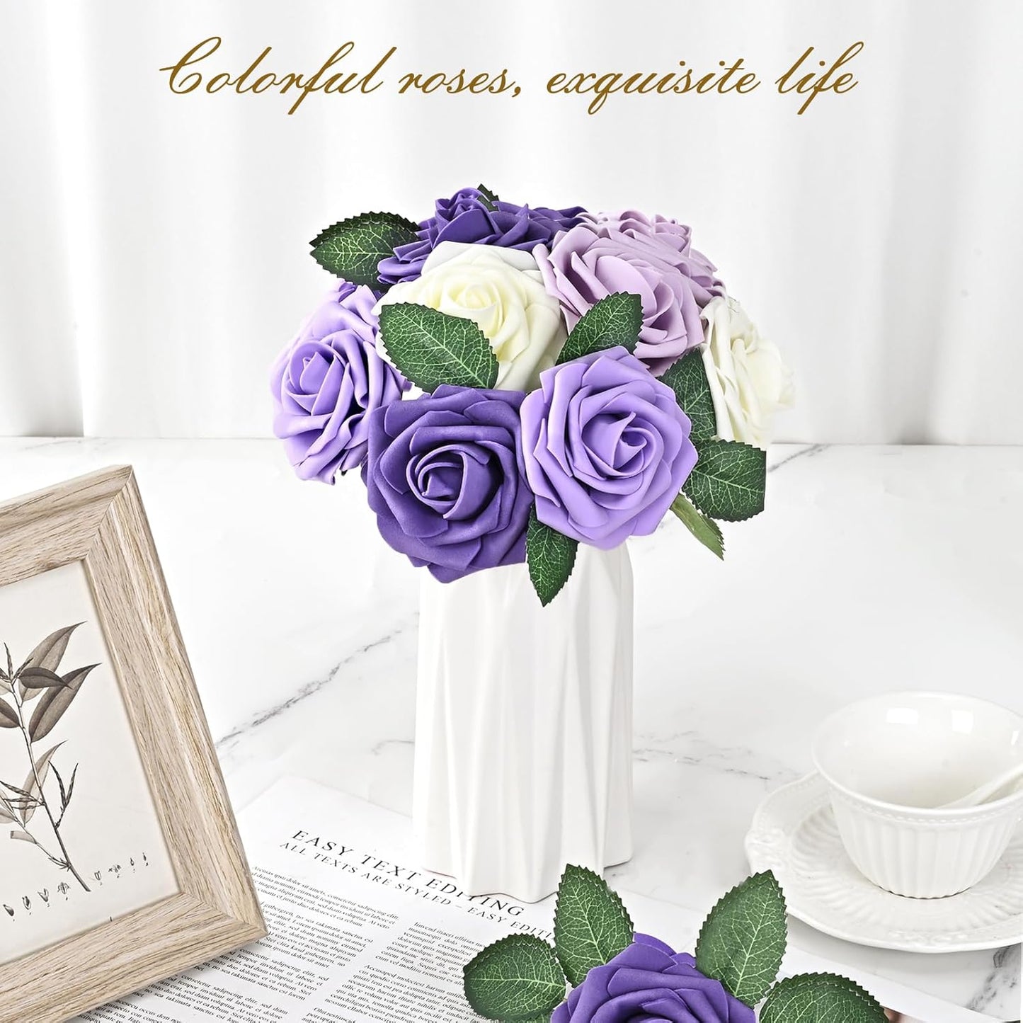 BLEUM CADE 16Pcs Artificial Flowers Fake Roses with Stems, Gradient Purple Boxed Foam Roses for DIY Bouquets Centerpieces Wedding Party Arrangement Bridal Shower Decor