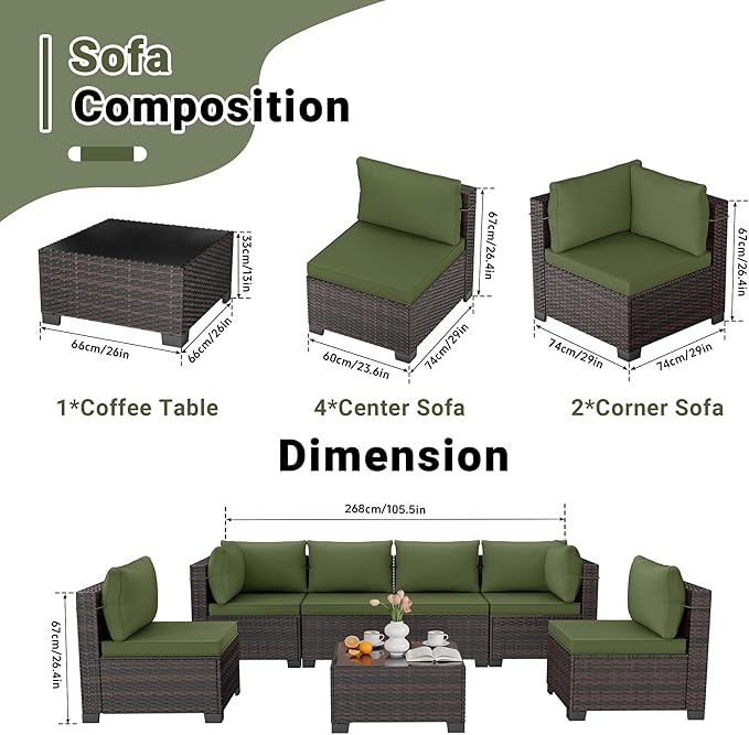 CHABATREE 7pcs Outdoor Patio Furniture Sets, Rattan Conversation Sectional Set - Image 5