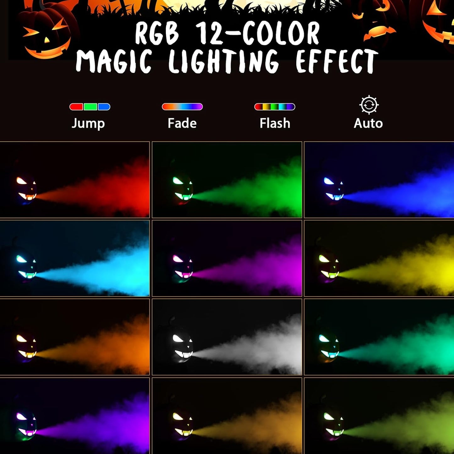 Fog Machine with LED RGB Lights, 800W Halloween Fog Machine with Remote Control, Pumpkin Smoke Machine 12 Colors Lighting Effect for Halloween Band DJ Show Club Outdoor Camping, 2 Pack