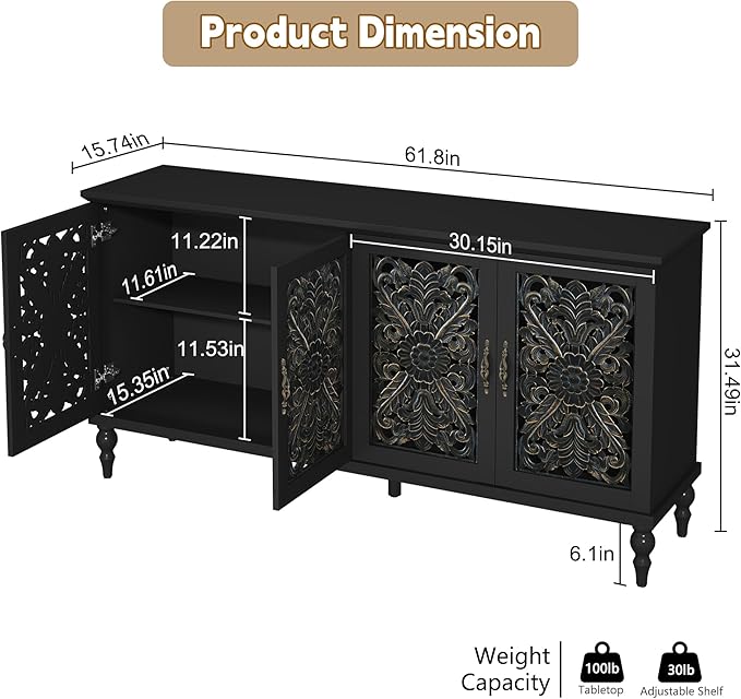 ARTPOWER 61.8" Hollow Carved Wood Accent Cabinet - Image 2