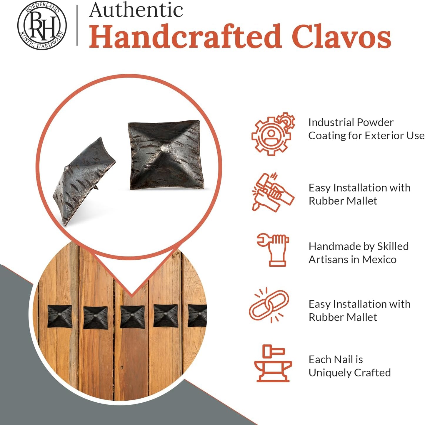10 Pack 2" Square Head Iron Clavos Decorative Nails – Unfinished – Handmade Rustic Square Fasteners for Farmhouse Shutters, Faux Wood, Barn Doors, Shutters, and Gates – Ornamental Wood Accent