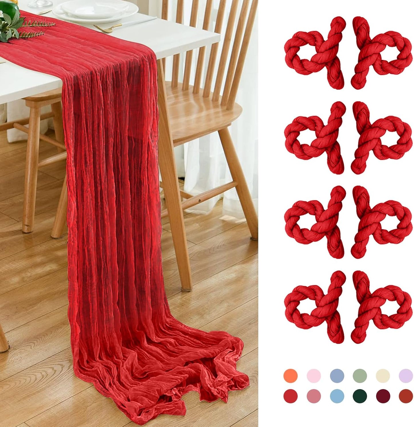 8 Pack 10Ft Red Cheesecloth Table Runner 35x120 inch Boho Gauze Cheese ClothsTable Runners Long Wrinkled Sheer Romantic Table Runner for Wedding Bridal Shower Birthday Party Table Decor