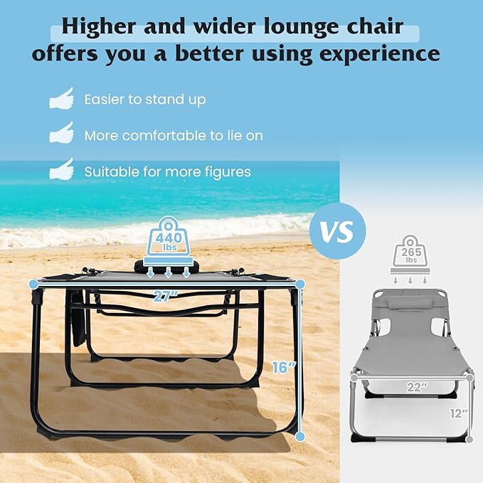 GYMAX Lounge Chair for Outside, 440lbs 27” Oversize Folding Beach Tanning - Image 6
