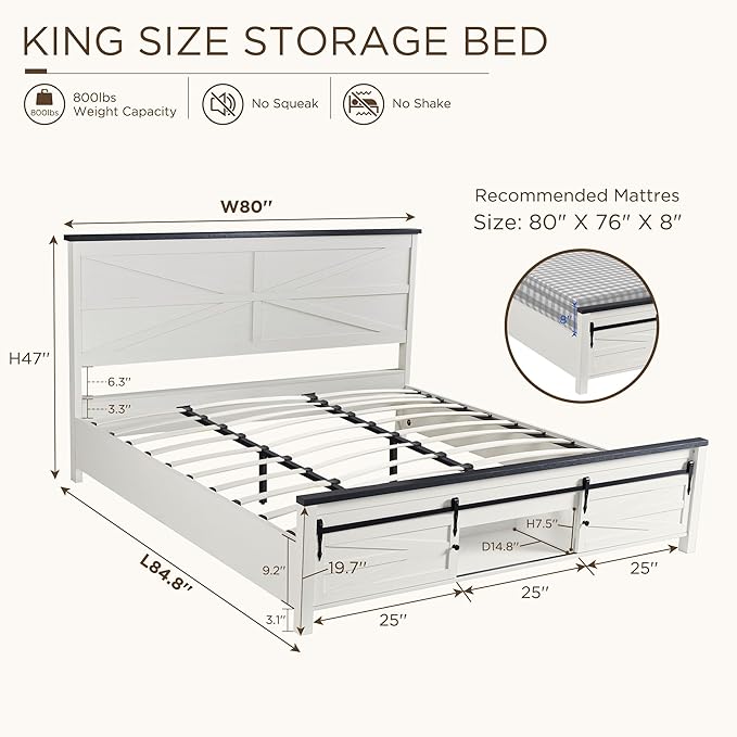 JXQTLINGMU King Farmhouse Wood Bed Frame - Image 2