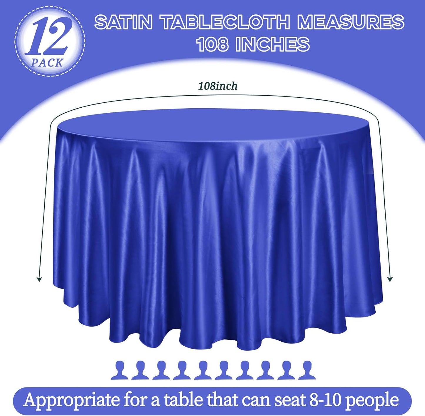 fani 12 Pack 108 Inch Royal Blue Satin Tablecloth - Silky Round Tablecloth Overlay Smooth Fabric Table Cover, Bright Table Decoration for Wedding Party Banquet Events Restaurant Kitchen Dining