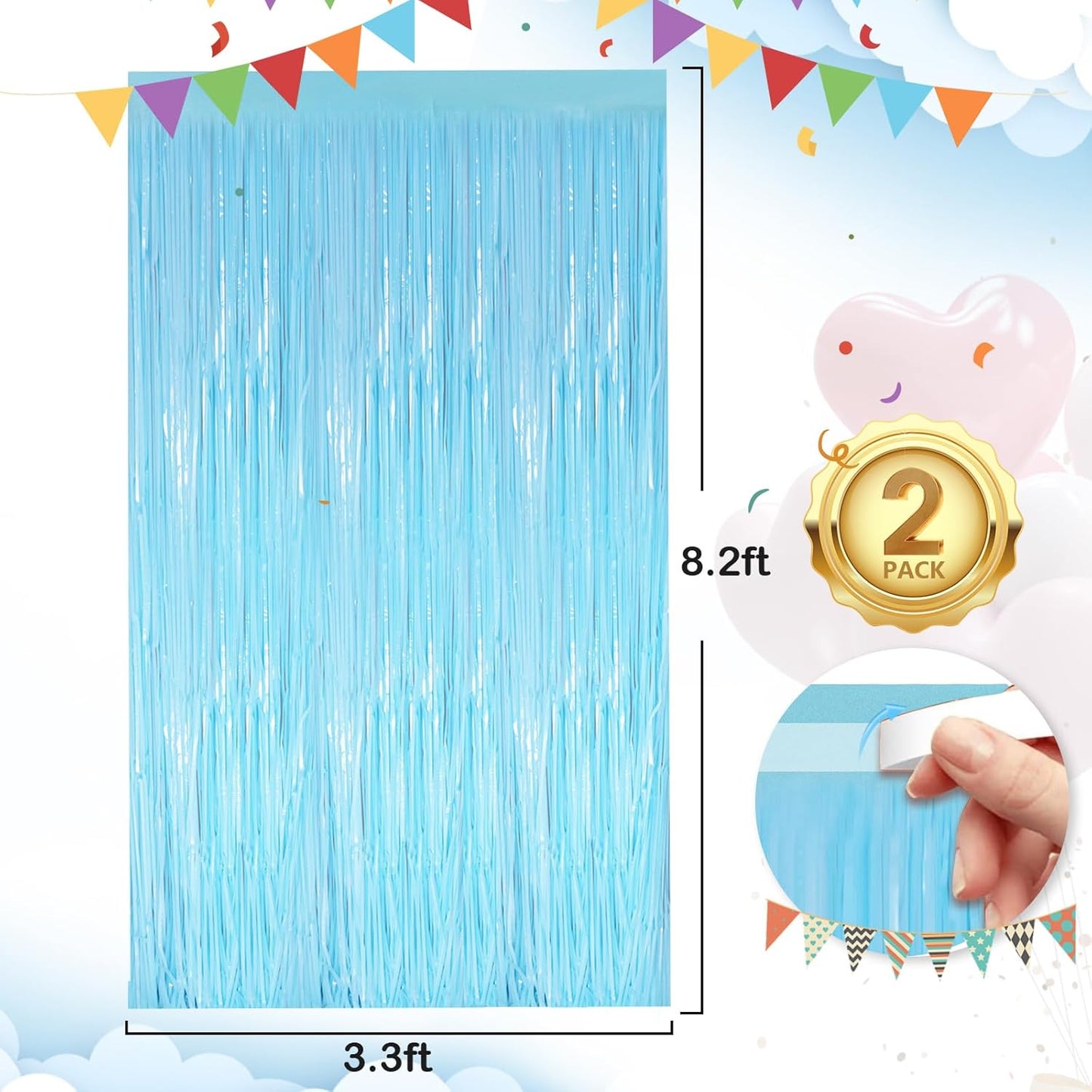 Macaron Blue Fringe Curtain Party Streamers 2Pack 3.3 x 8.3 Ft Foil Fringe Backdrop Curtains for Birthday Wedding Bridal Baby Shower Holiday Tinsel Streamers Blue Party Decorations Door Streamer